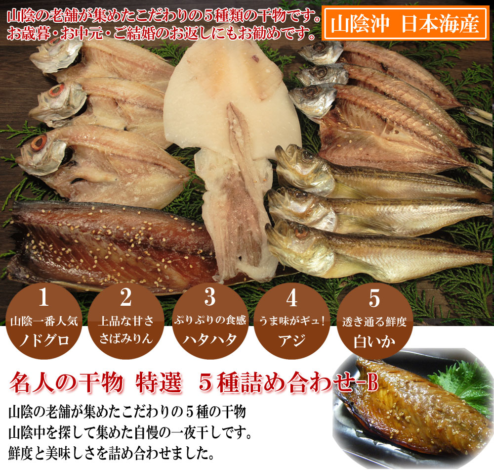 日本海産名人の干物特選5種詰め合わせ山陰の老舗が集めたこだわりの5種類の干物です。