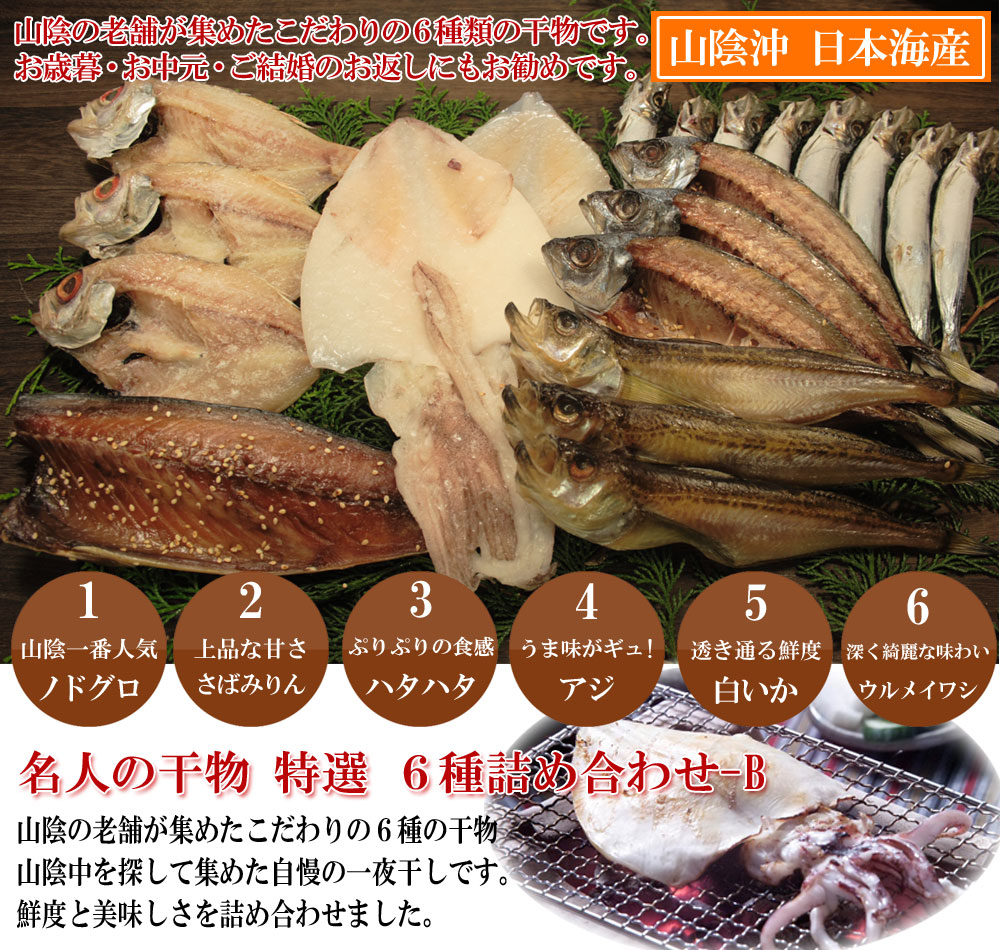 日本海産名人の干物特選6種詰め合わせ山陰の老舗が集めたこだわりの6種類の干物です。