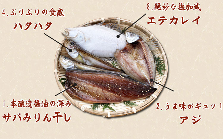 サバみりん干し、エテガレイ、ハタハタ、アジの詰め合わせ