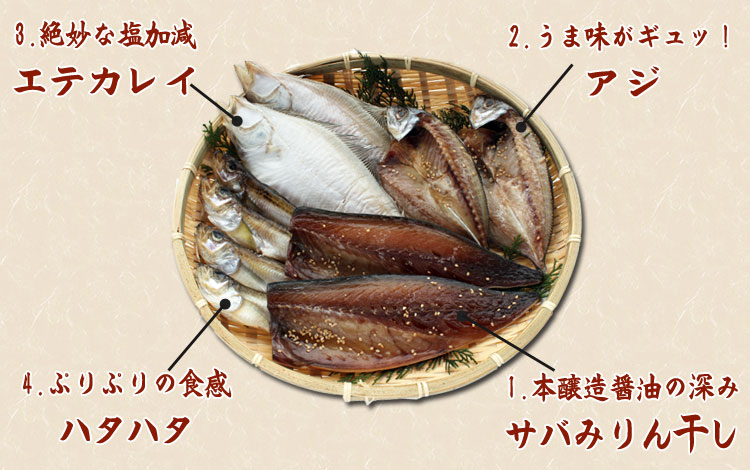 サバみりん干し、エテガレイ、ハタハタ、アジの詰め合わせ