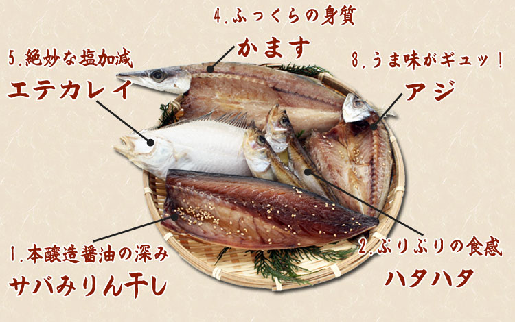 サバみりん干し、エテガレイ、ハタハタ、あじ、かますの詰め合わせ