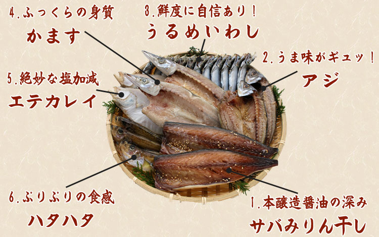 サバみりん干し、エテガレイ、ハタハタ、あじ、かます、うるめいわしの詰め合わせ