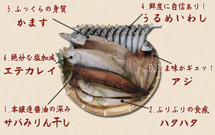 サバみりん干し、エテガレイ、ハタハタ、あじ、かます、うるめいわしの詰め合わせ