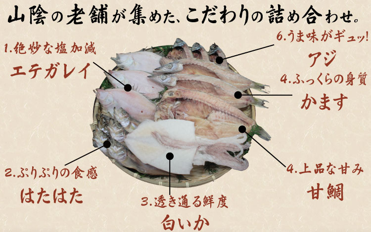 エテガレイ、甘鯛、ハタハタ、アジ、白イカの詰め合わせ