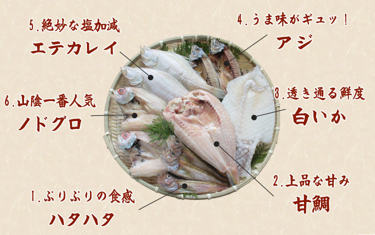 ノドグロ、エテガレイ、甘鯛、ハタハタ、アジ、白イカの詰め合わせ