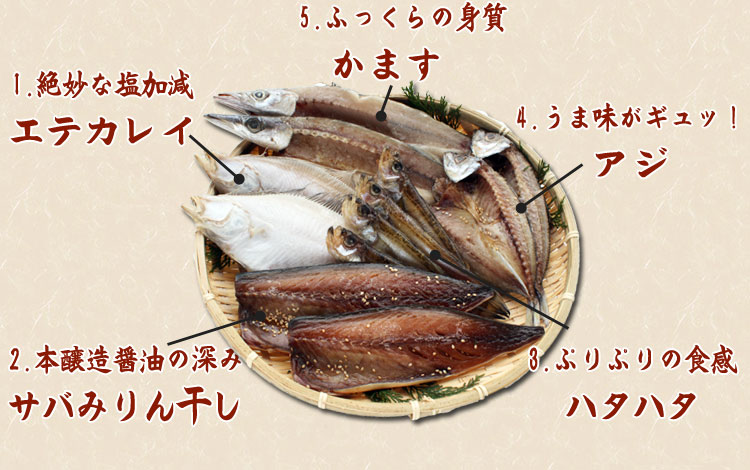 サバみりん干し、エテガレイ、ハタハタ、あじ、かますの詰め合わせ